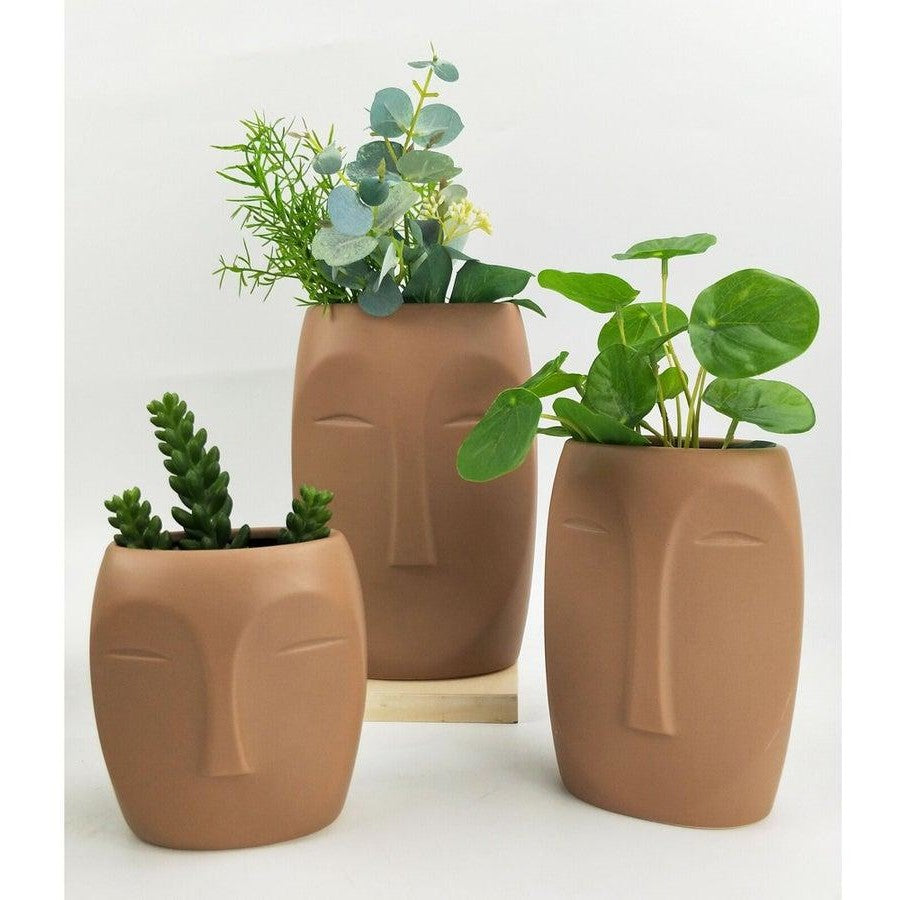 Urban Products Aztec Face Ceramic Plant/Flower Vase Home Display Pot - Medium Beige 23cm
