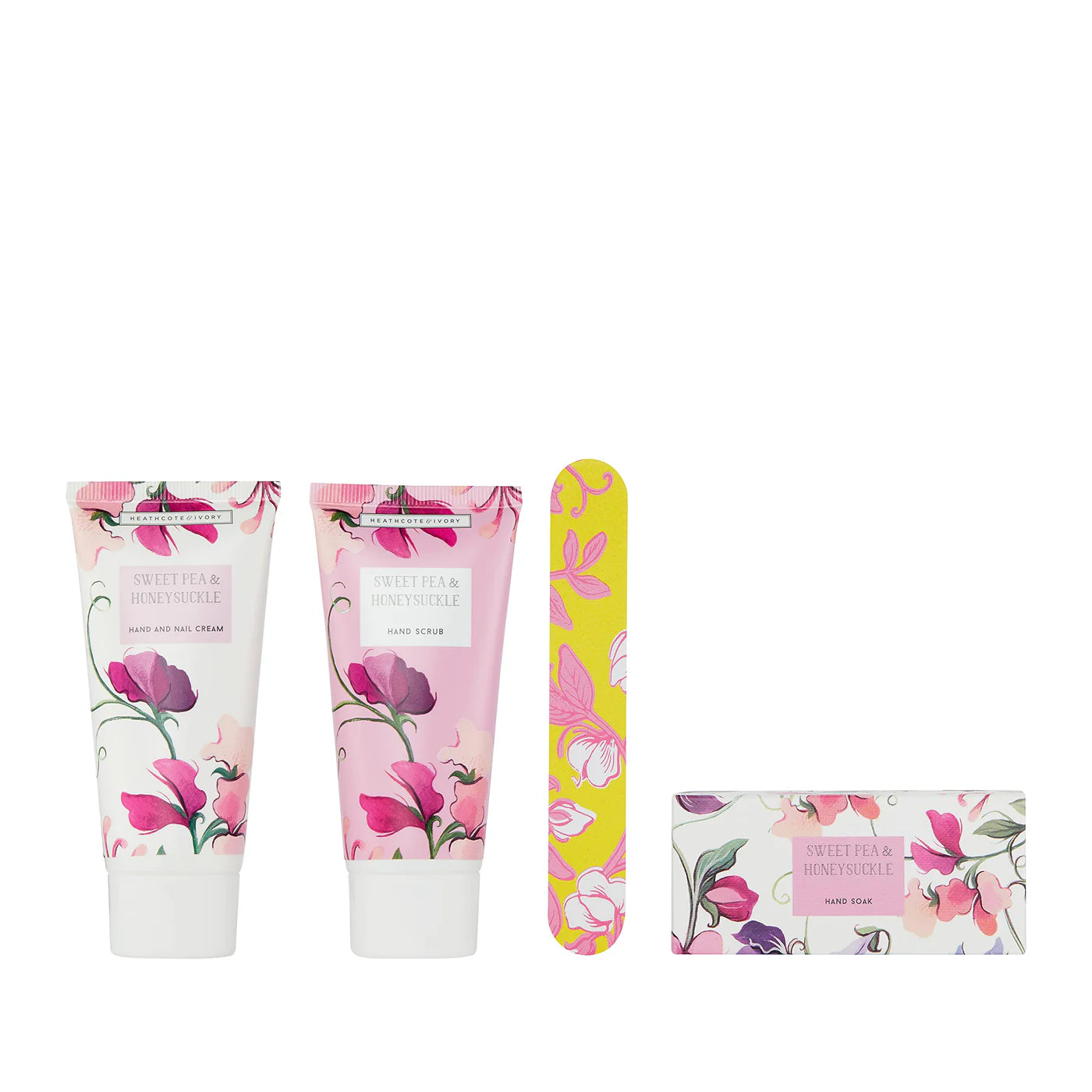 Heathcote & Ivory Sweet Pea & Honeysuckle Manicure Gift Set, 50ml Hand & Nail Cream, 50ml Hand Scrub, 50g Hand Soak & Nail File