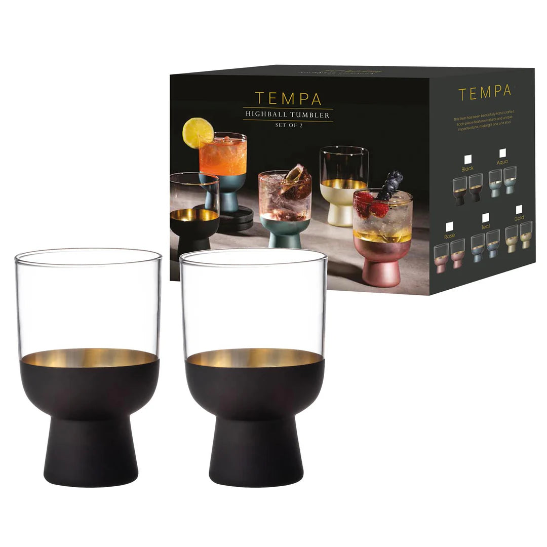 Aria Highball Glass Tumbler Water/Juice Drinking Glassware 2 Piece - Black - 340ml