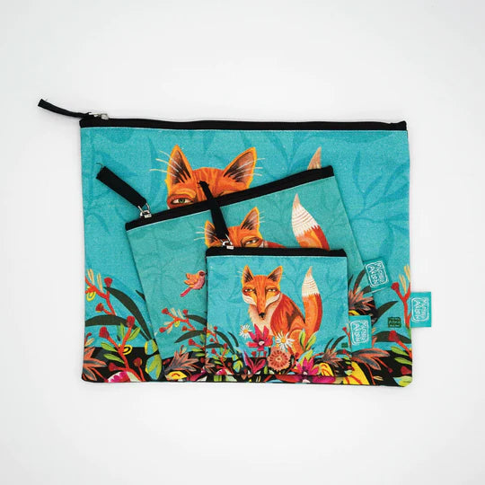 Allen Designs - Zip Pouch - Fox & Flowers - Small Pouch - 4.5x5 inches