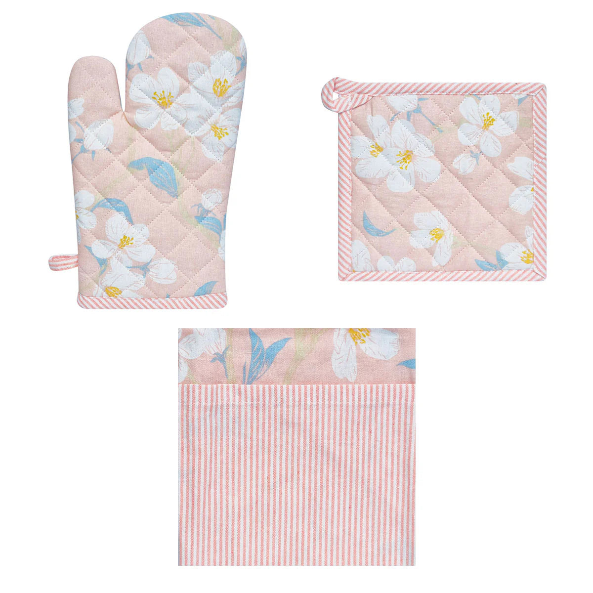 Renee Set of 3 - Cotton Kitchen Apron, Glove and Pot Holder - Rose Pink