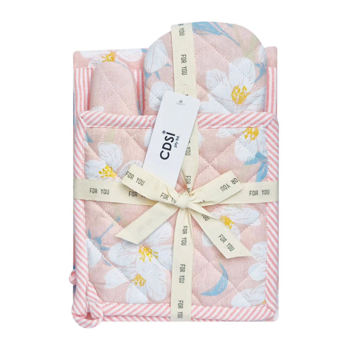 Renee Set of 3 - Cotton Kitchen Apron, Glove and Pot Holder - Rose Pink