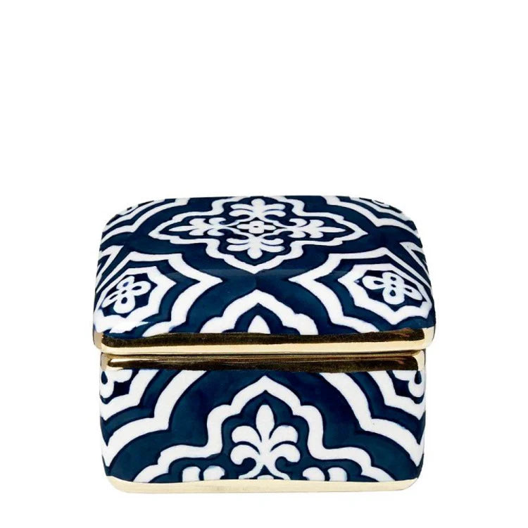 Tangier Porcelain Square Box with lid - Midnight Blue with Gold trimming - 10x10x7cm