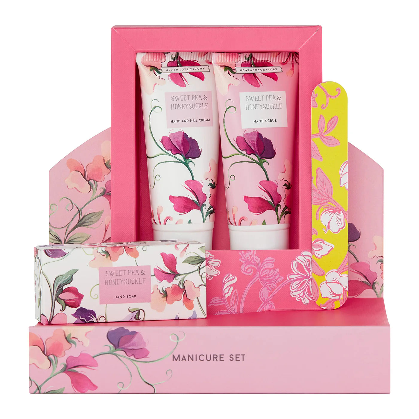 Heathcote & Ivory Sweet Pea & Honeysuckle Manicure Gift Set, 50ml Hand & Nail Cream, 50ml Hand Scrub, 50g Hand Soak & Nail File