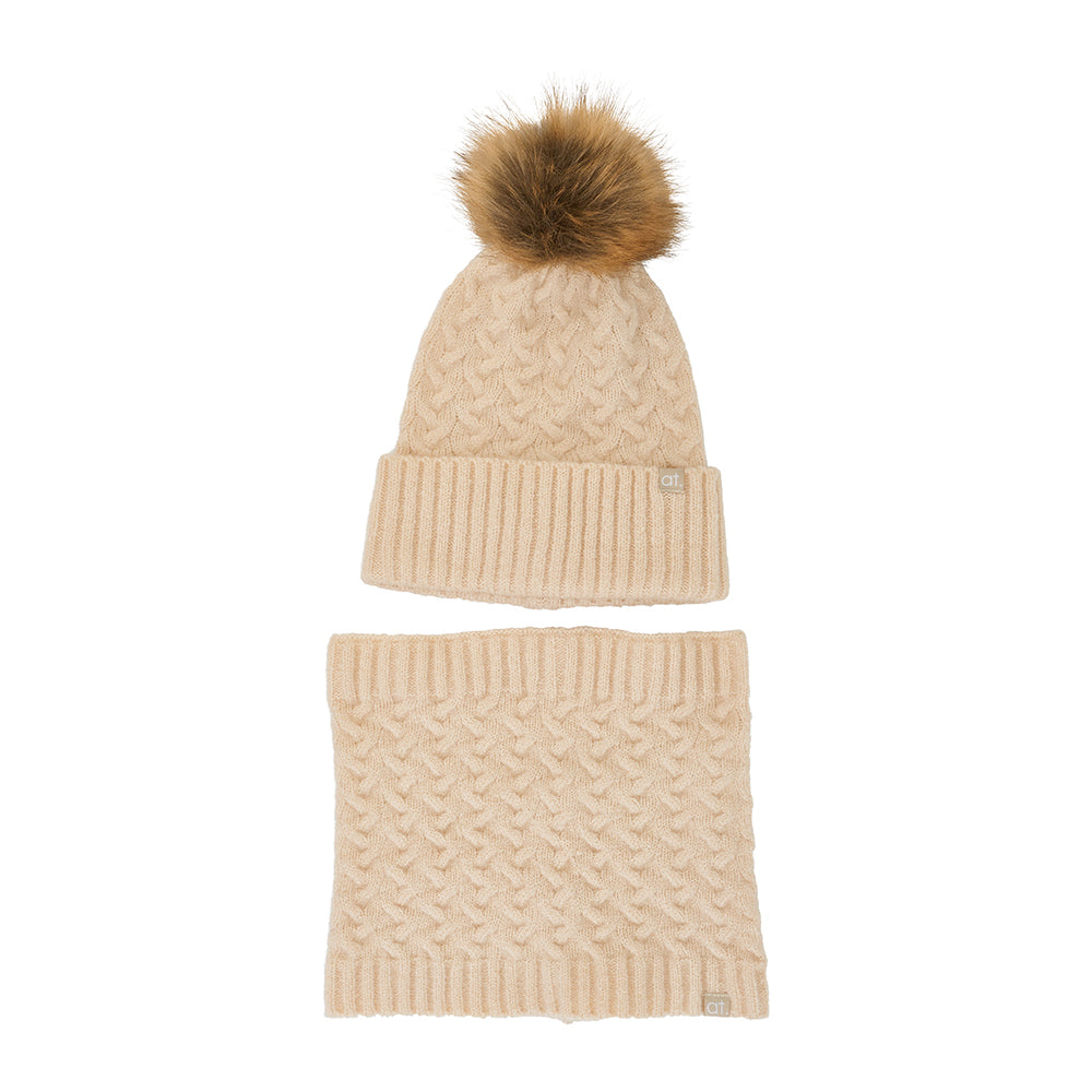 Annabel Trends Snood and Beanie 2 Piece Set - Cable Knit - Oatmeal