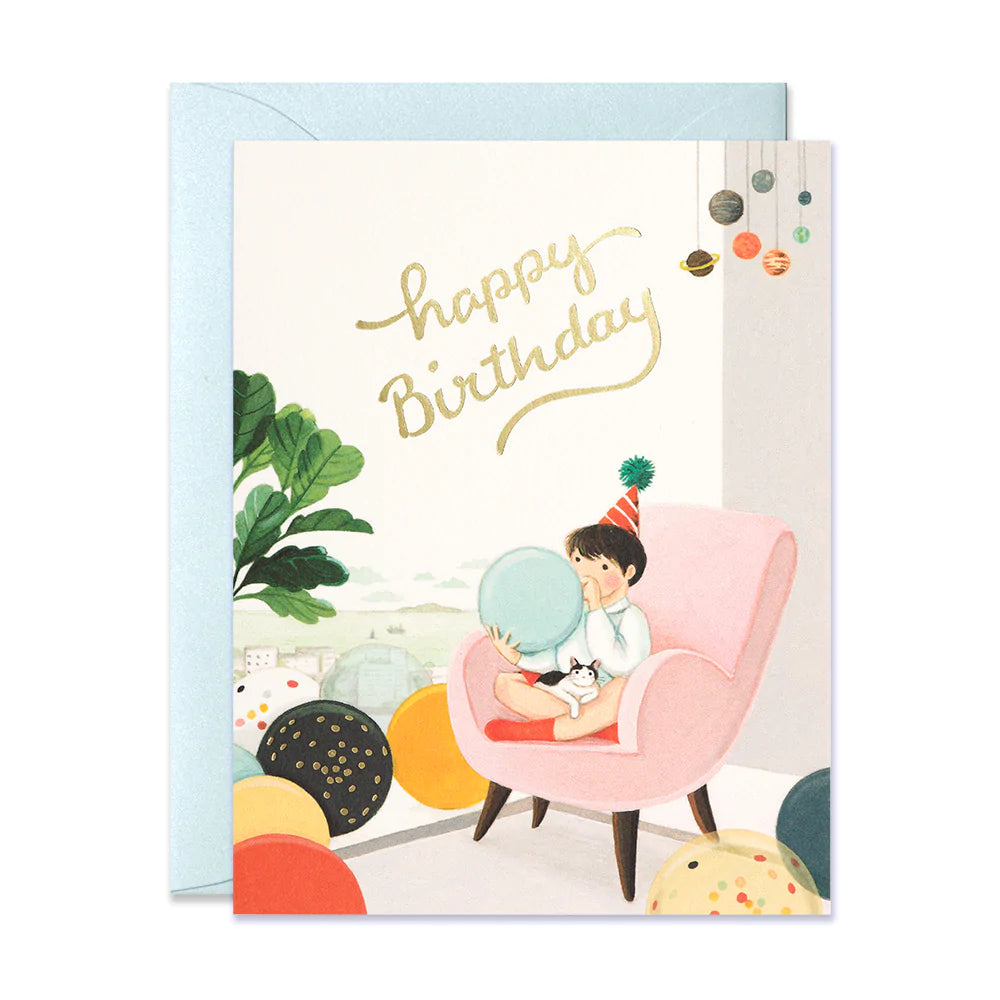 Blowing Balloons Birthday Greeting Card - 4 1/4x5 1/2"