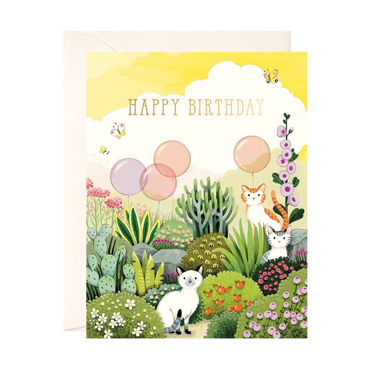 Cats in Garden Birthday Greeting Card