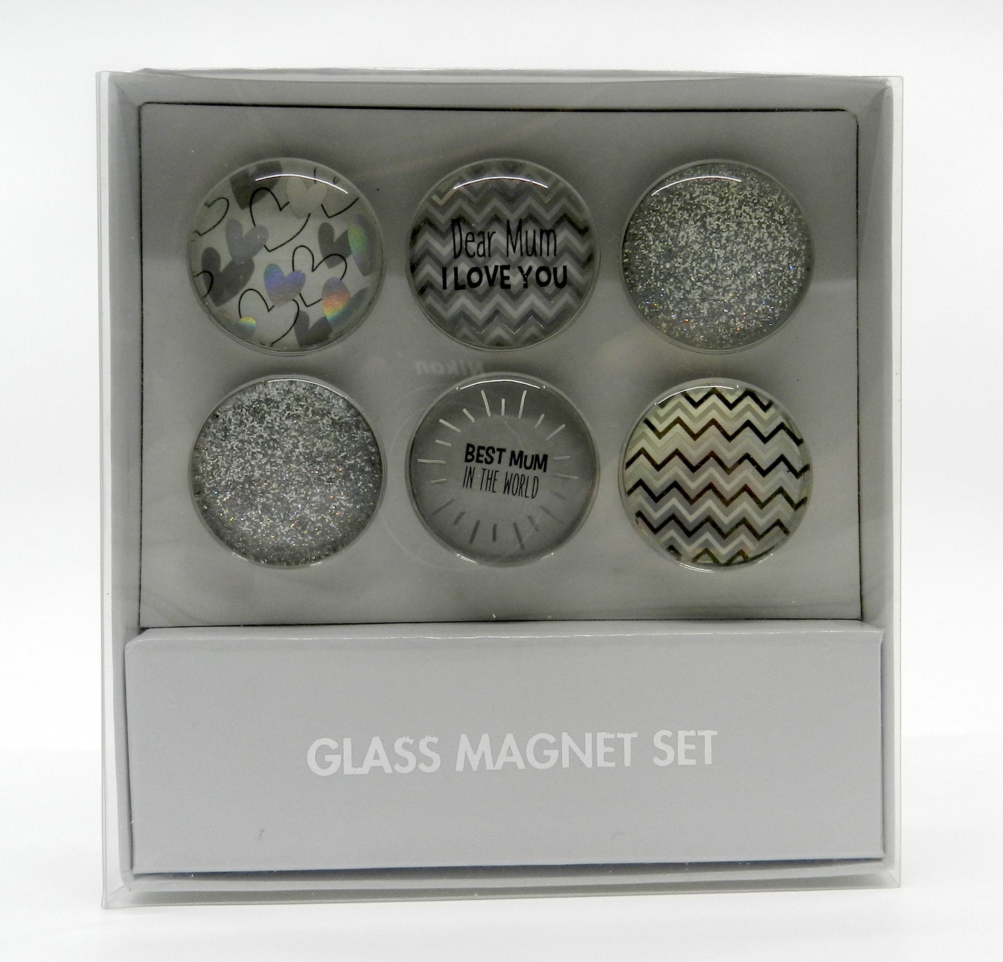 Dear Mum I Love You Glass Magnet Set of 6 - Silver - 3.5cm