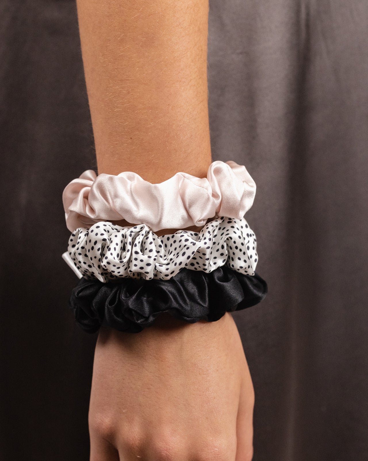 Scrunchies 3 Pack - Black, Peony Pink and Spotty Dots
