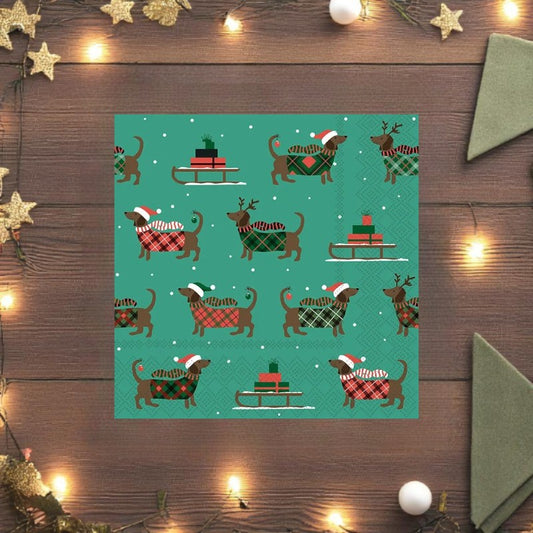 Christmas Sausage Dog Napkins - 20pk - Green - 33x33cm - 3ply