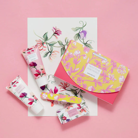 Heathcote & Ivory Sweet Pea & Honeysuckle Manicure Gift Set, 50ml Hand & Nail Cream, 50ml Hand Scrub, 50g Hand Soak & Nail File