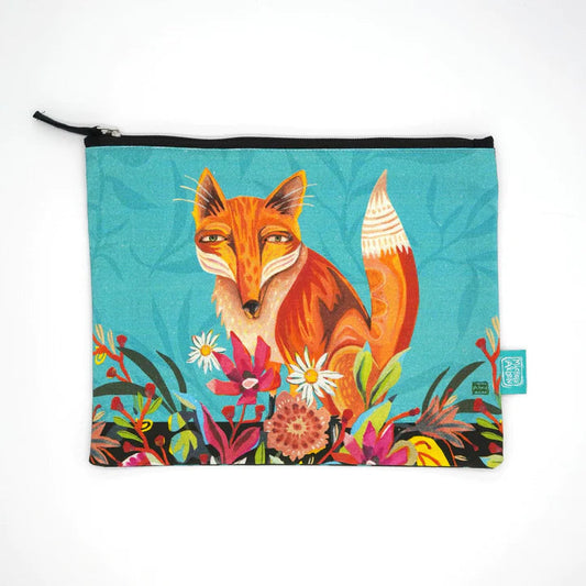 Allen Designs - Zip Pouch - Fox & Flowers - XLarge Pouch - 9.5x11.75 inches