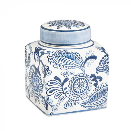 Florabelle Living Ceramic Square Jar - Blue, White, Paisley - 11x11x13cm