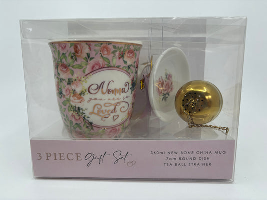 Nonna You Are So Loved 3 Pieced Gift Set - 360ml Mug, Round Dish and 7cm Tea Strainer