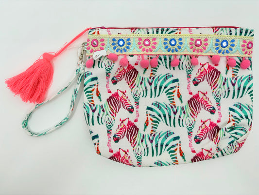 Canvas Look Wrist Pouch - Multicolour Zebras - 25x20cm