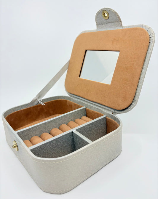 Rayell Cosmetics Case with Mirror - Vinyl with Velvet inlay - Large - Beige - 21x16x5cm