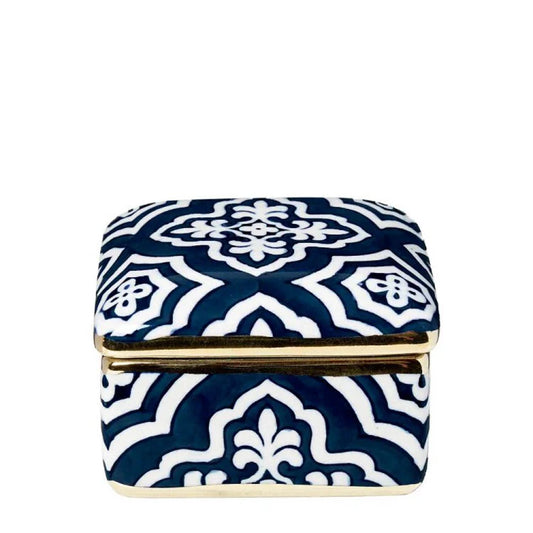 Tangier Porcelain Square Box with lid - Midnight Blue with Gold trimming - 10x10x7cm