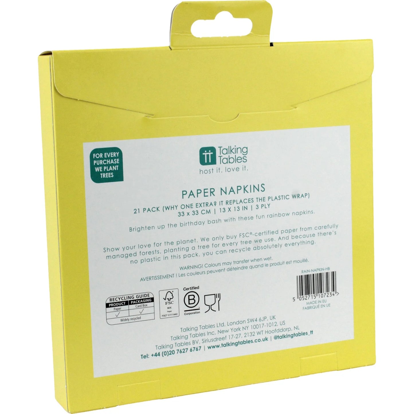 Talking Tables Rainbow Happy Birthday Napkins - Pack of 20 - 3 Ply - 33x33cm