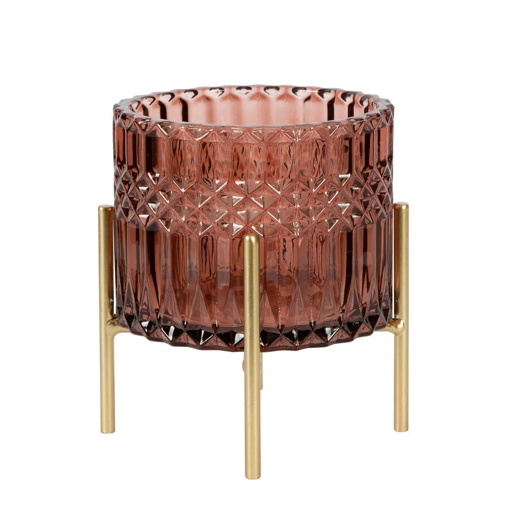 Demi Glass Tealight Holder - Large - Mulberry and Gold - 14x10cm